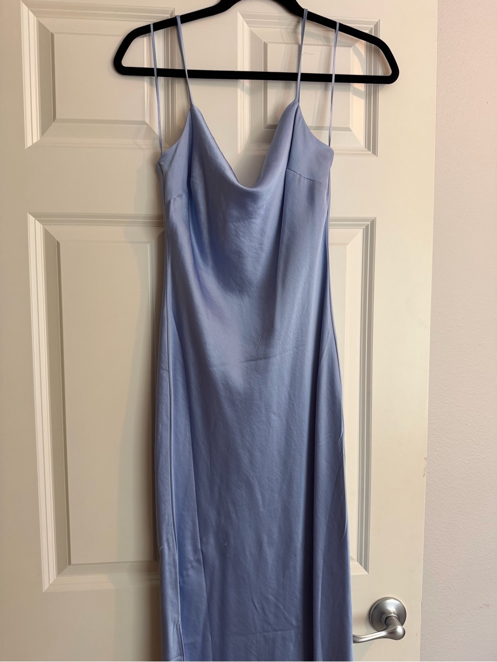 Express Light Blue Satin Slip Dress with Spaghetti Straps